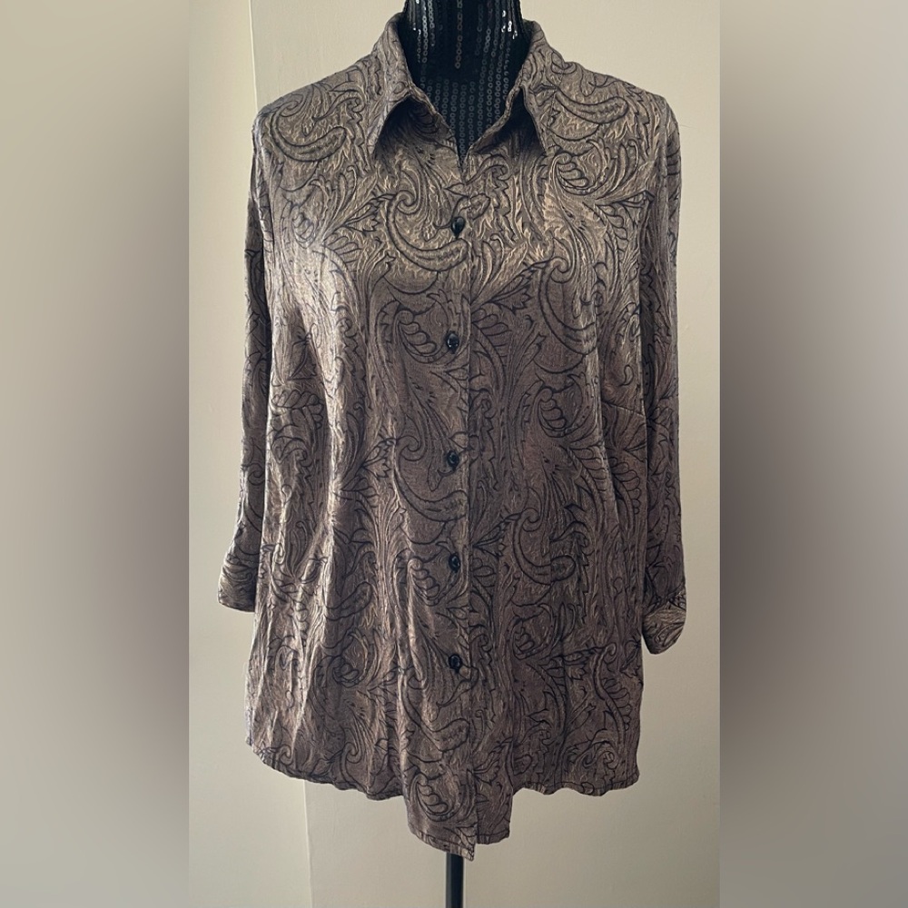 Allison Daley Gold Taupe Paisley Print Blouse Size 11